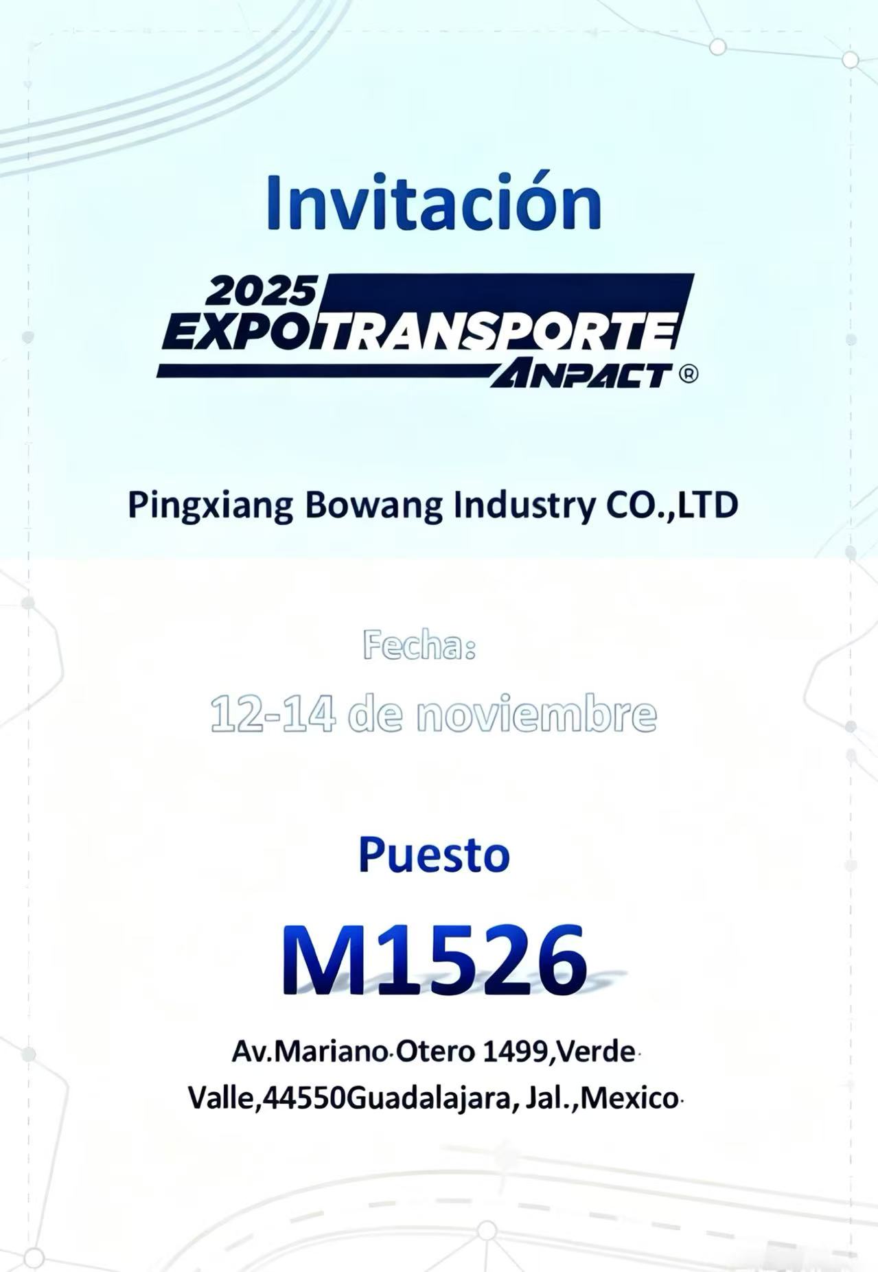L'industria Pingxiang Bowang illumina il settore dei veicoli pesanti dell'America Latina a EXPOTRANSPORTE ANPACT 2025 (stand M1526, Guadalajara)